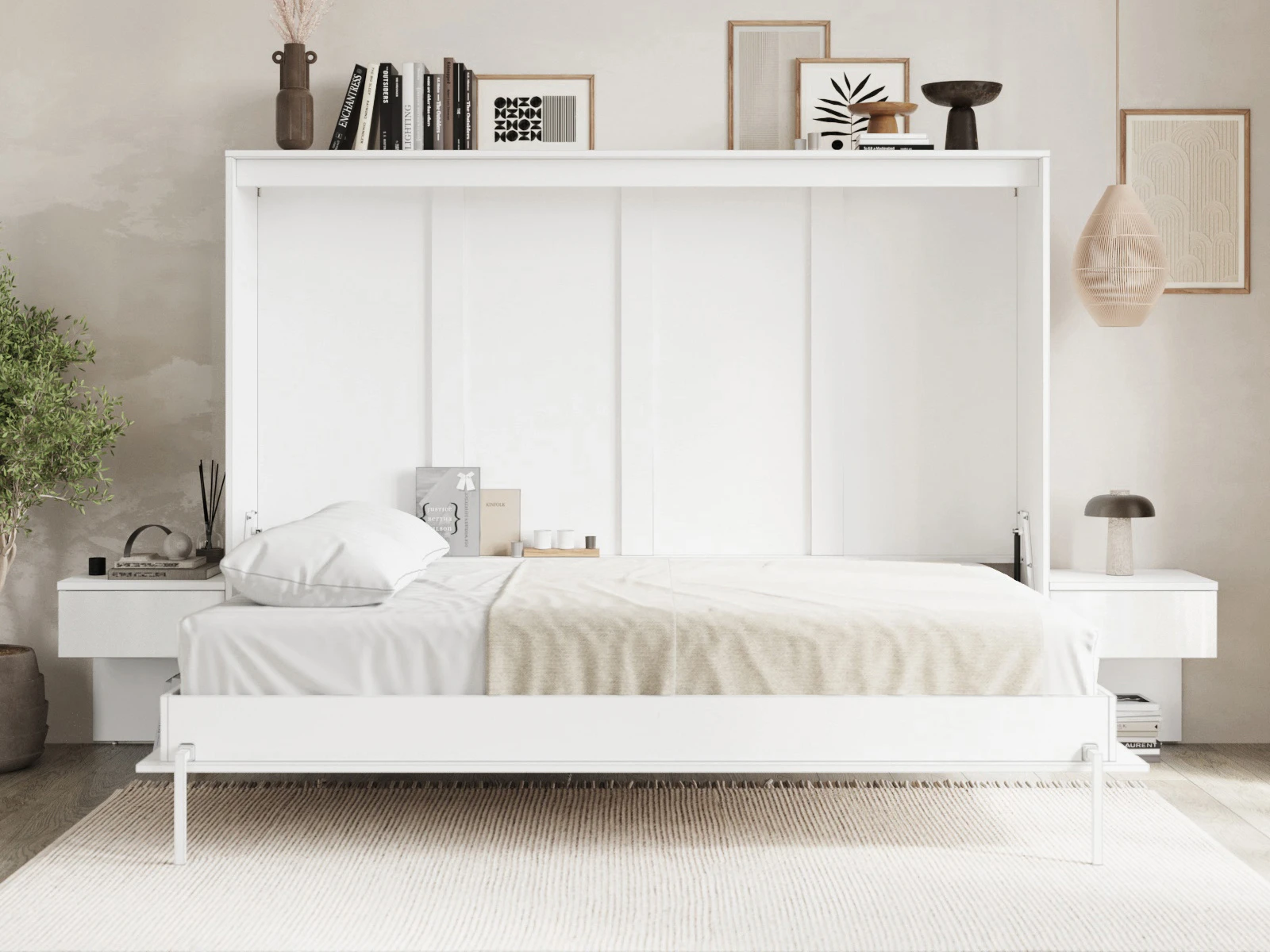 Cama Abatible Classic 140x200H con 2 Mesitas de noche Blanco / Blanco Alto Brillo  picture 2