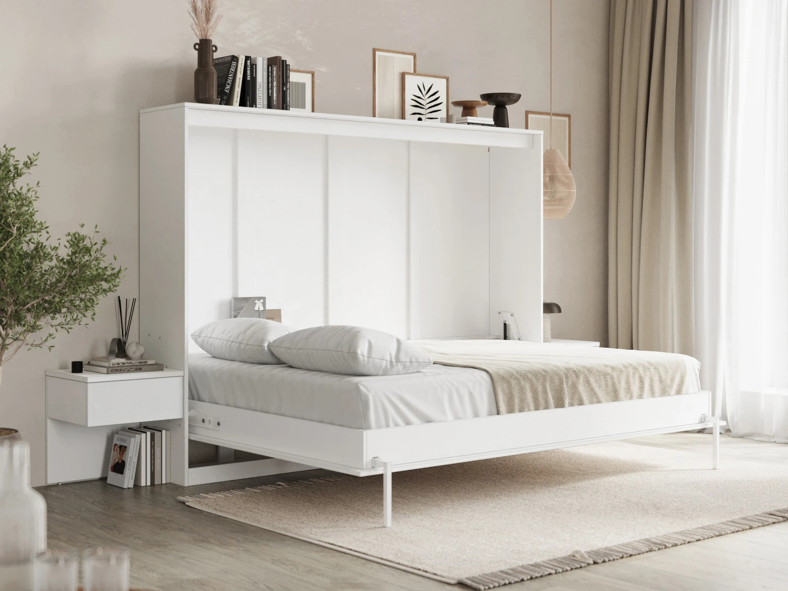 Cama Abatible Classic 140x200H con 2 Mesitas de noche Blanco / Blanco Alto Brillo  picture 4