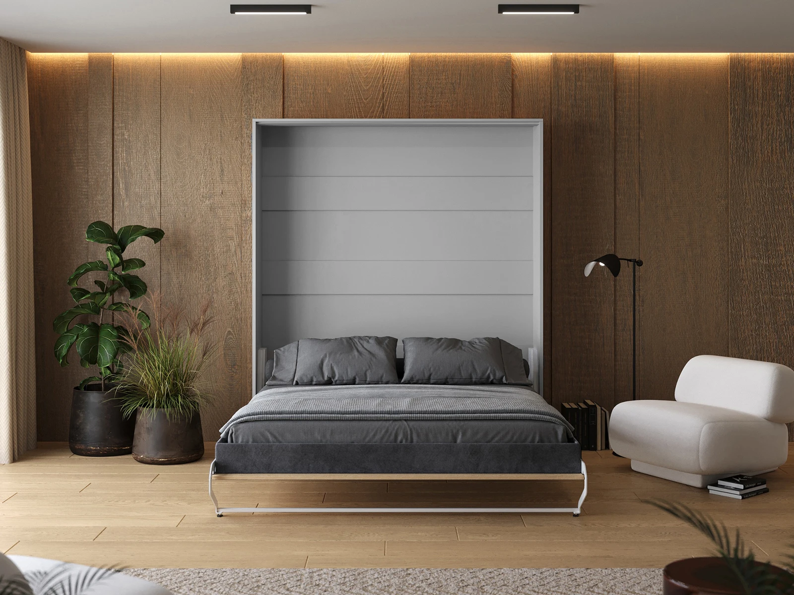 Cama Abatible 180x200 Vertical (M1 40 cm de profundidad) Gris Perla / Roble Kaiser con marco Tapizado
 picture 5