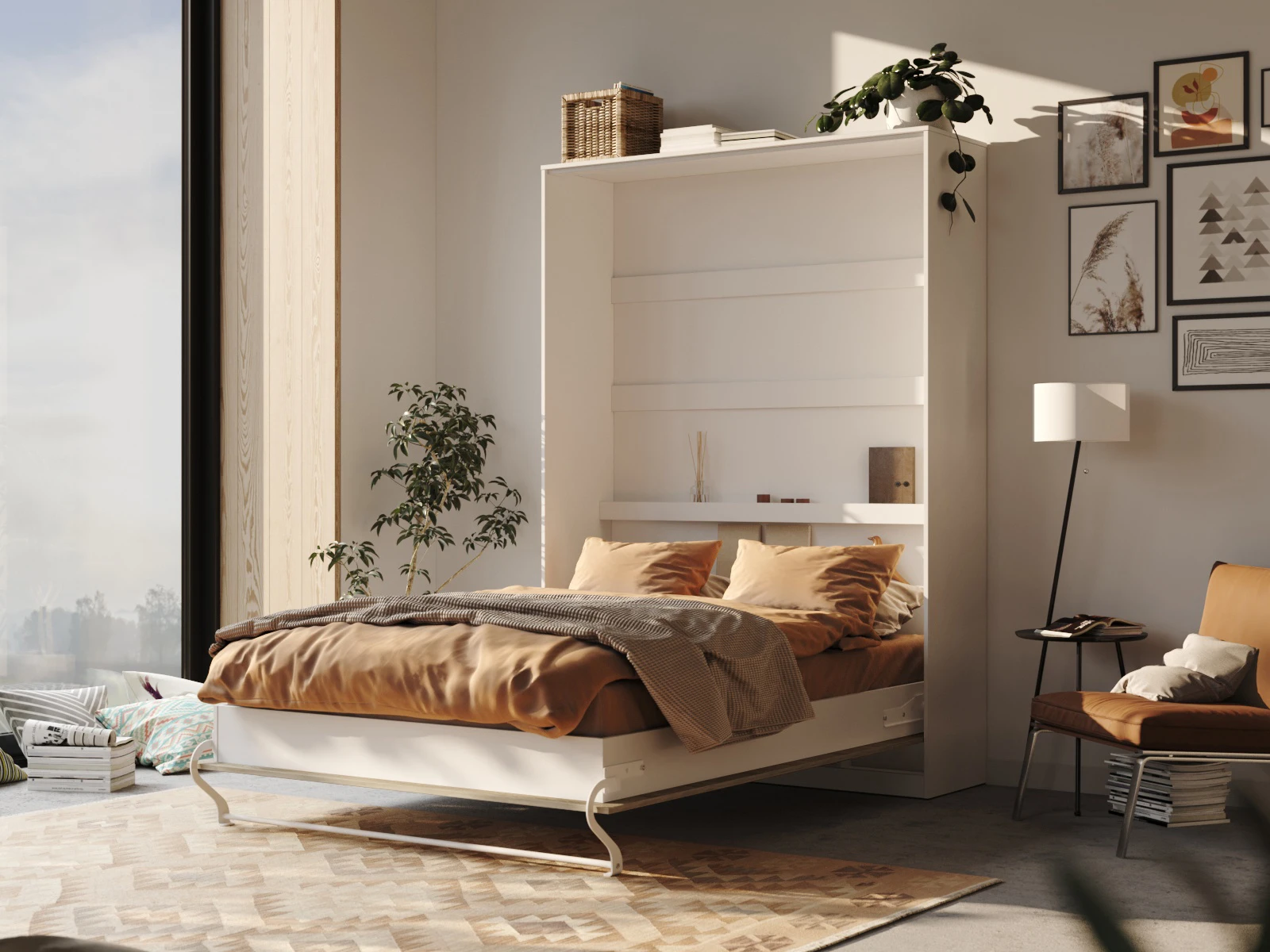 2 Cama Abatible 140x200 Vertical (Profundidad standard de 45 cm) Blanco / Roble Sonoma