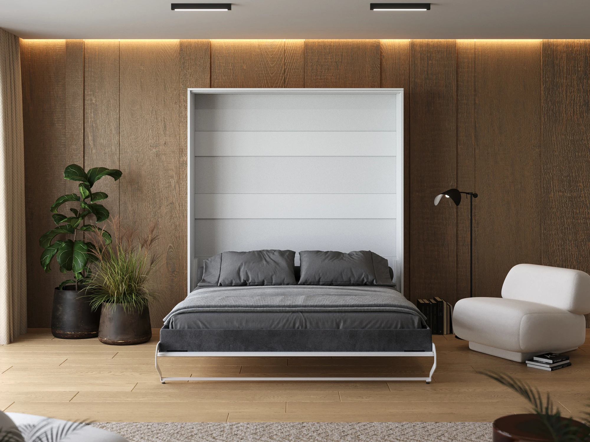 Cama Abatible 180x200 Vertical (M1 40 cm de profundidad) Blanco / Blanco Alto Brillo con marco Tapizado picture 5