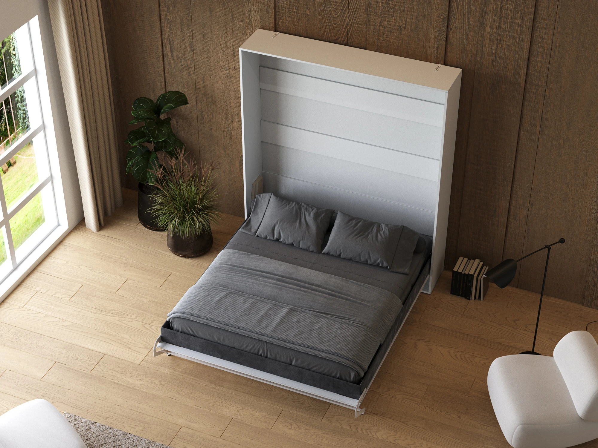 Cama Abatible 180x200 Vertical (M1 40 cm de profundidad) Blanco / Blanco Alto Brillo con marco Tapizado picture 7