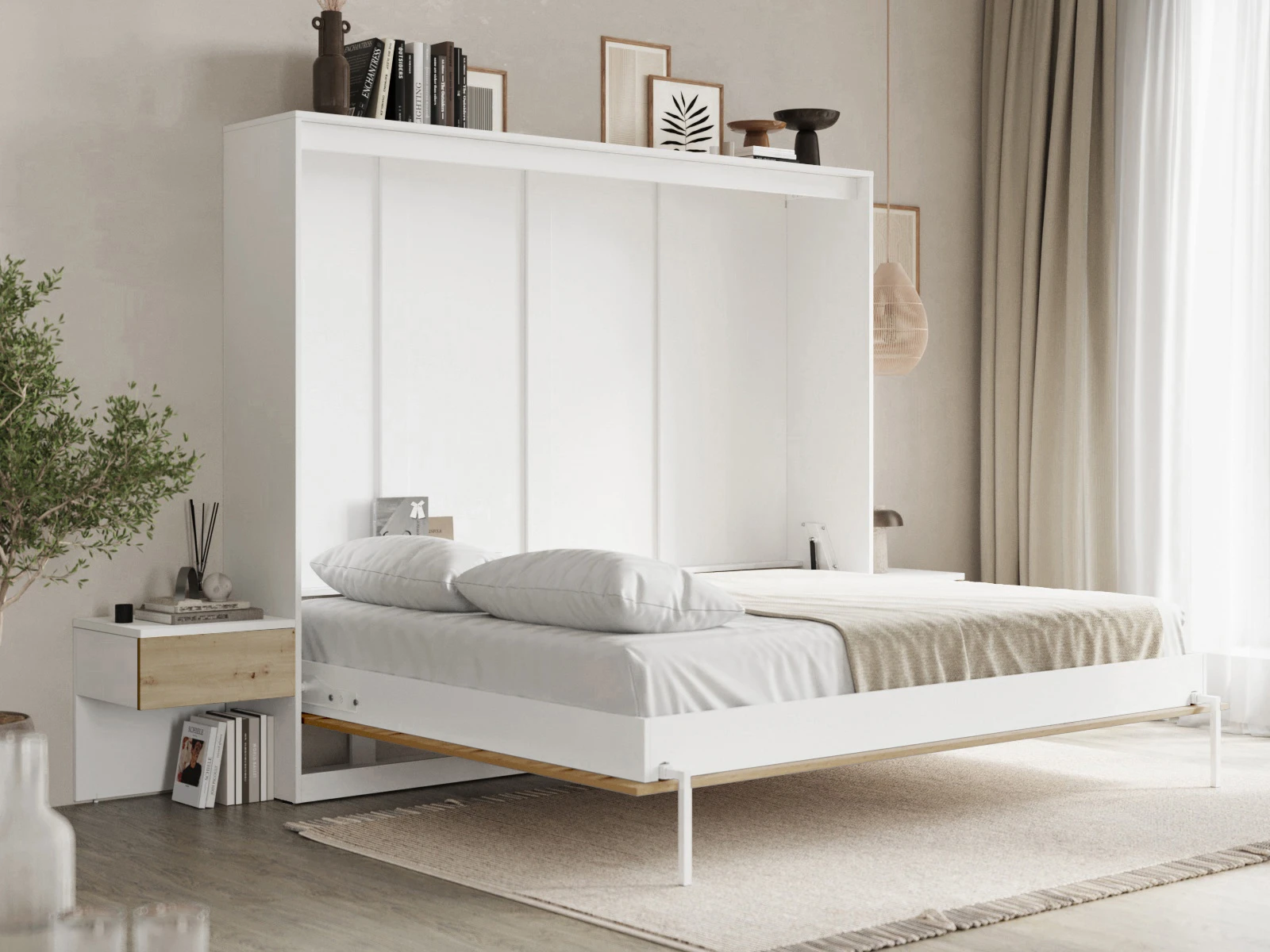 Cama Abatible Classic 160x200H con 2 Mesitas de noche Blanco / Roble Salvaje 
 picture 4