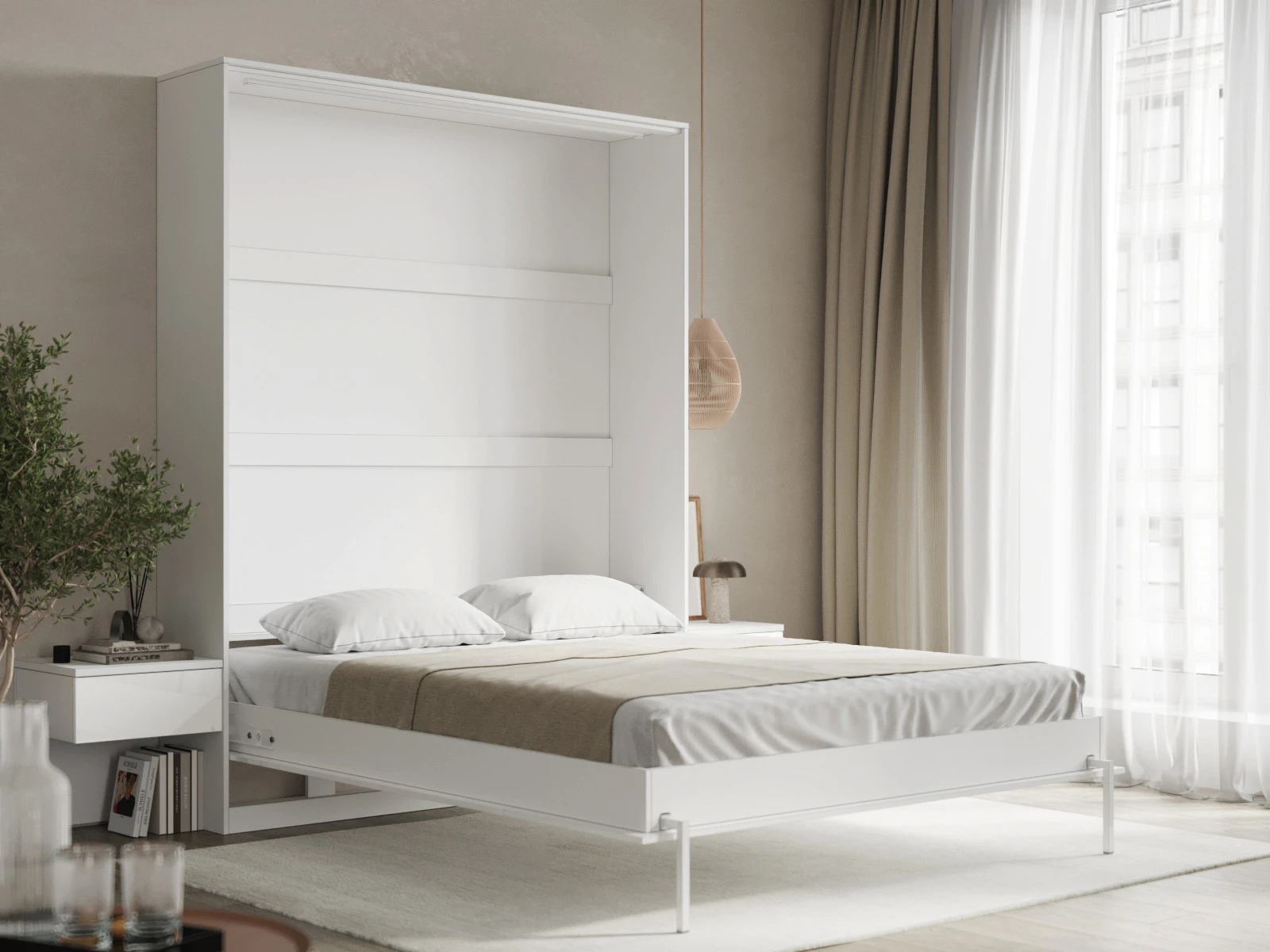 Cama Abatible Classic 160x200V con 2 Mesitas de noche Blanco / Blanco Alto Brillo picture 4