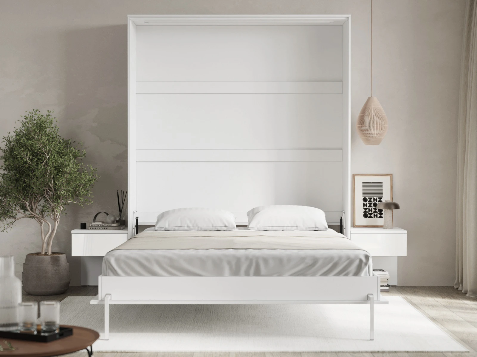 Cama Abatible Classic 160x200V con 2 Mesitas de noche Blanco / Blanco Alto Brillo picture 2