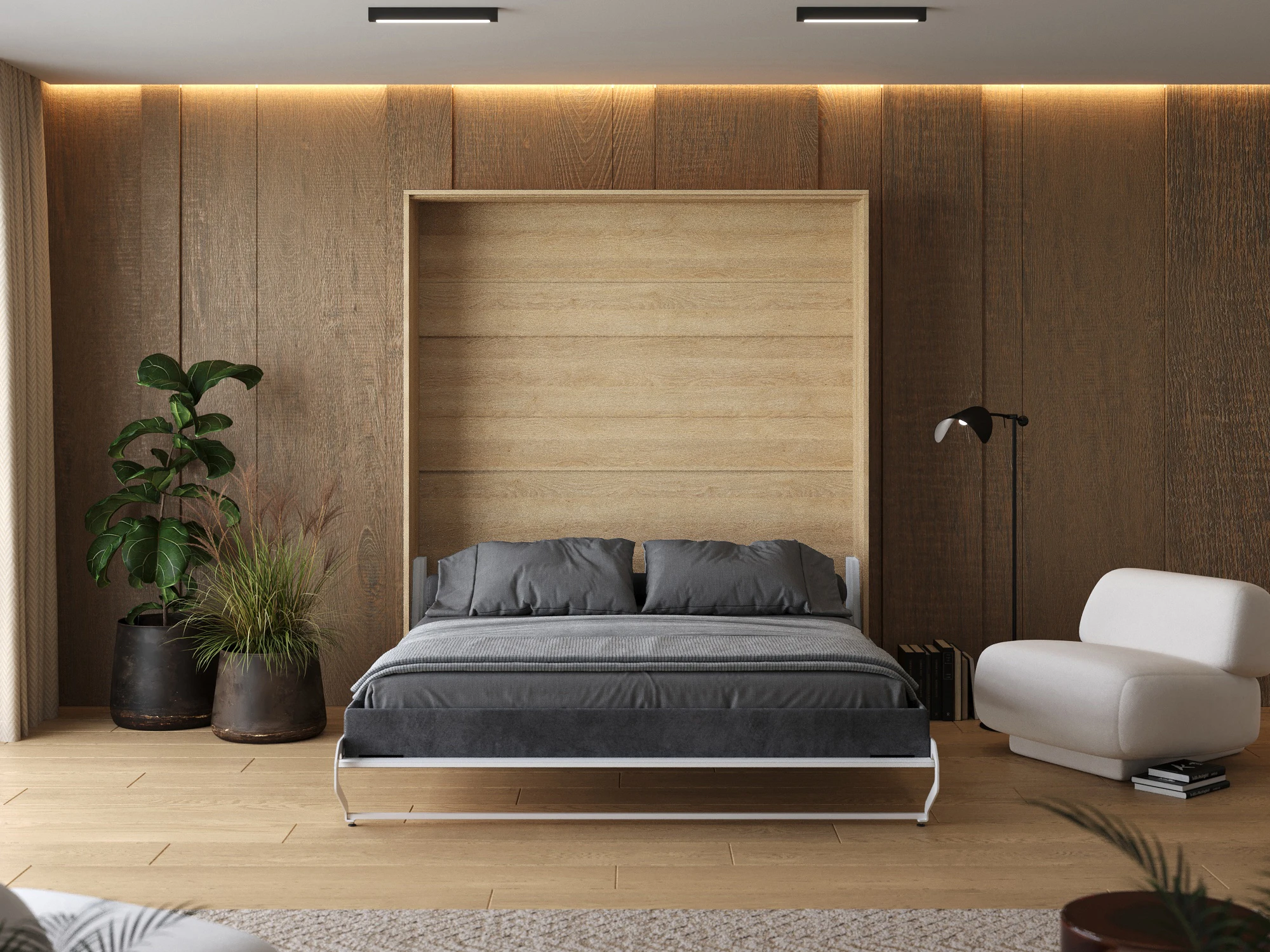 Cama Abatible 180x200 Vertical (M1 40 cm de profundidad) Roble Kaiser / Blanco con marco Tapizado
 picture 5