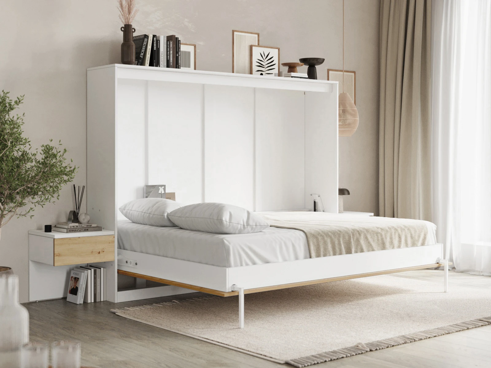 Cama Abatible Classic 140x200H con 2 Mesitas de noche Blanco / Roble Salvaje  picture 4