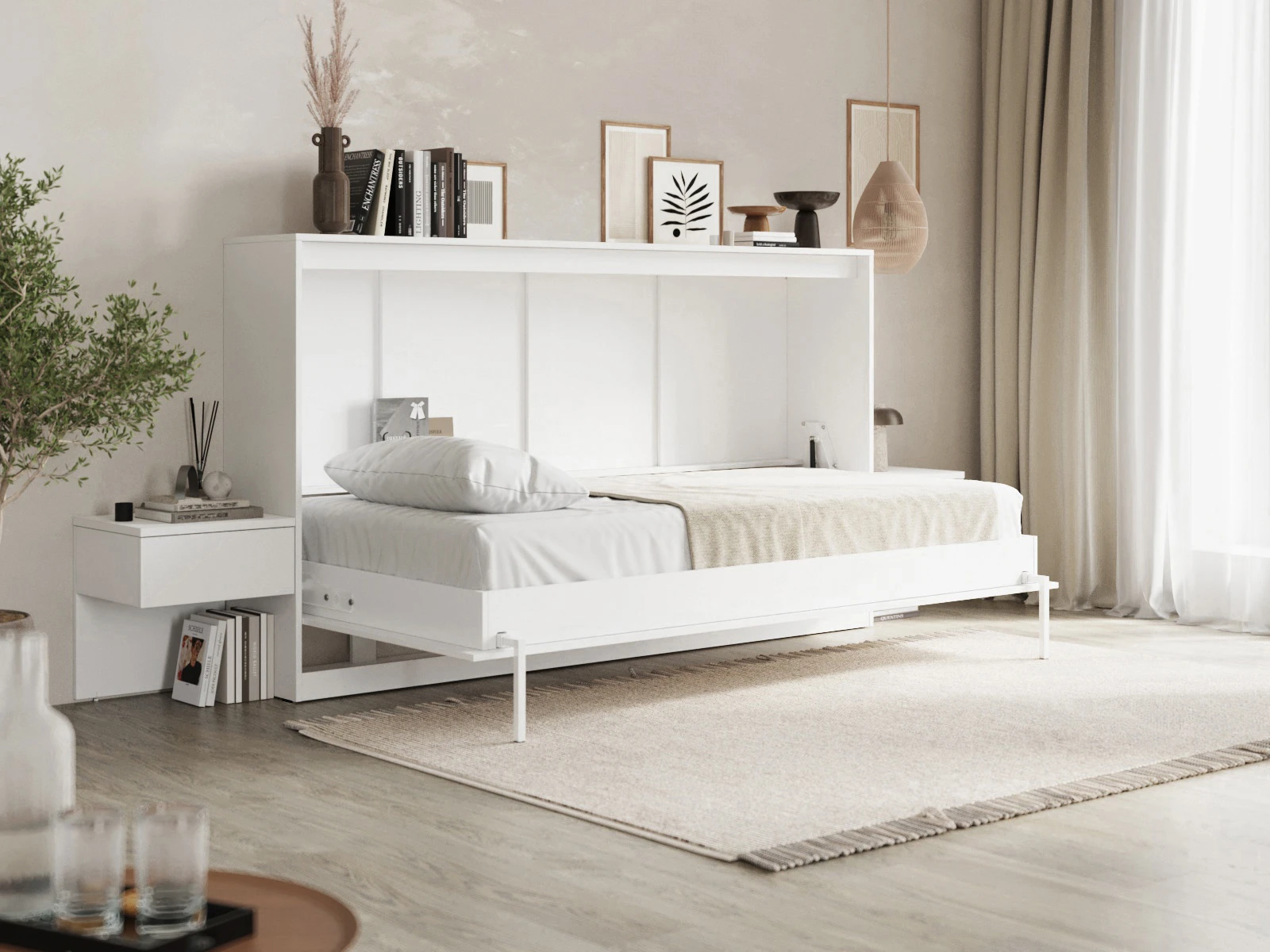 Cama Abatible Classic 100x200H con 2 Mesitas de noche Blanco picture 4