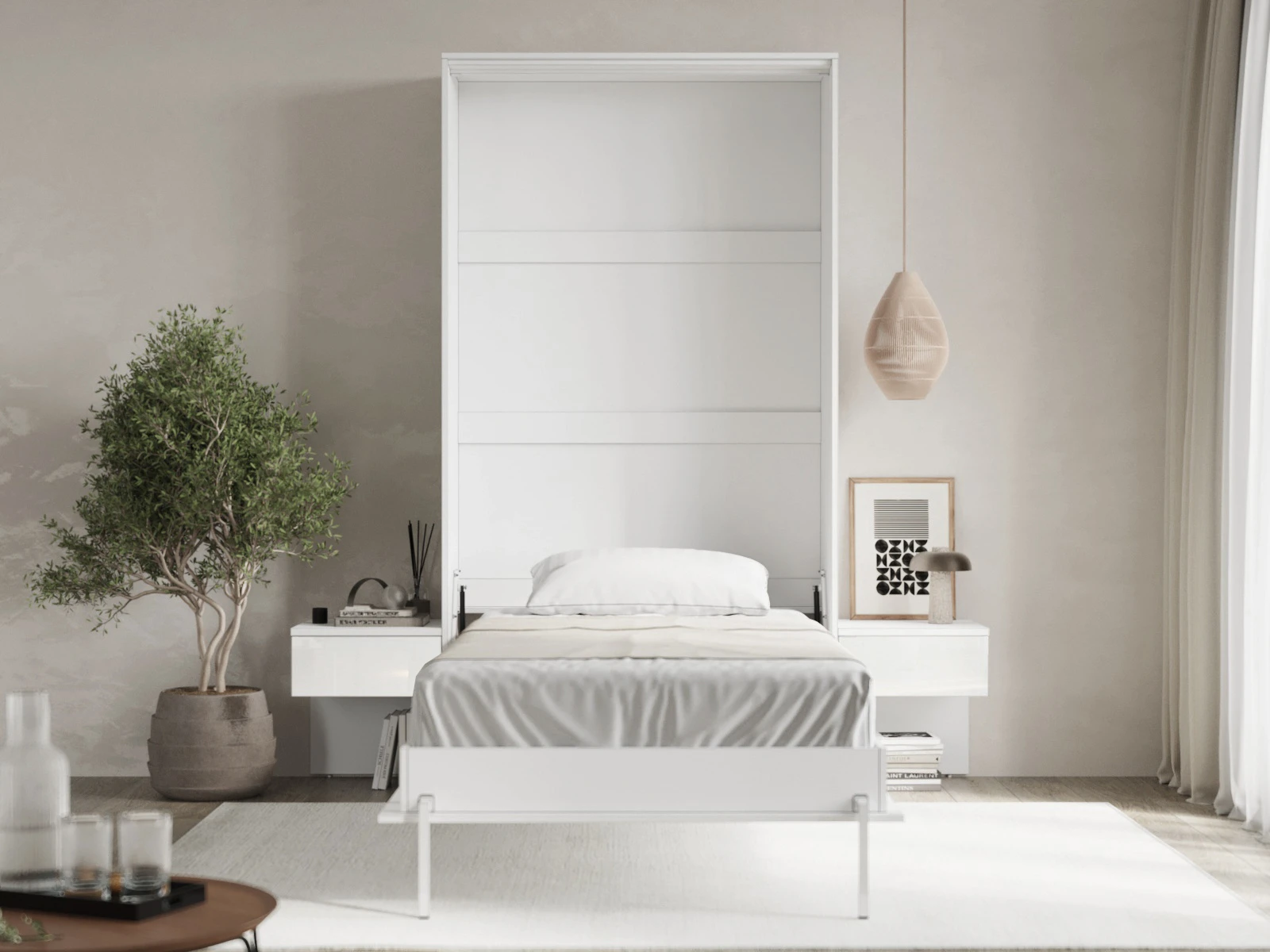 Cama Abatible Classic 100x200V con 2 Mesitas de noche Blanco / Blanco Alto Brillo
 picture 2