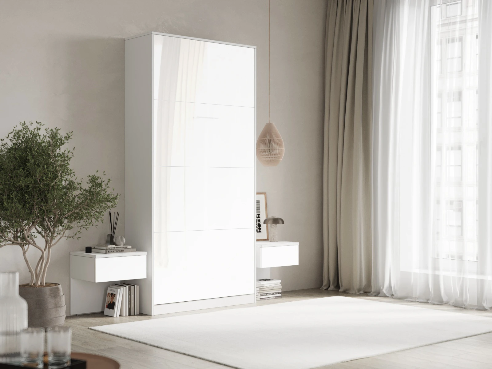 Cama Abatible Classic 100x200V con 2 Mesitas de noche Blanco / Blanco Alto Brillo
 picture 3