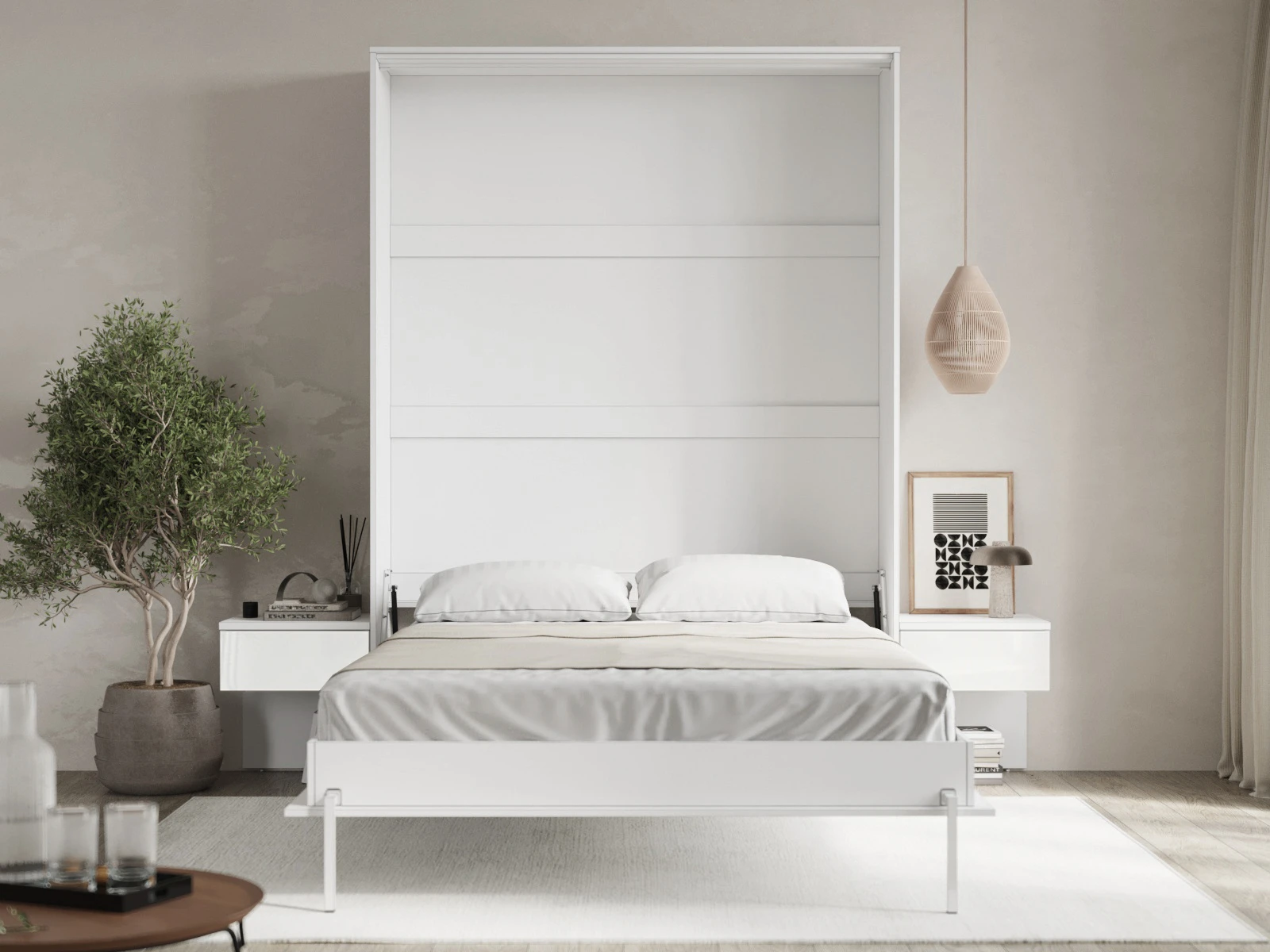 Cama Abatible Classic 140x200V con 2 Mesitas de noche Blanco / Blanco Alto Brillo  picture 2