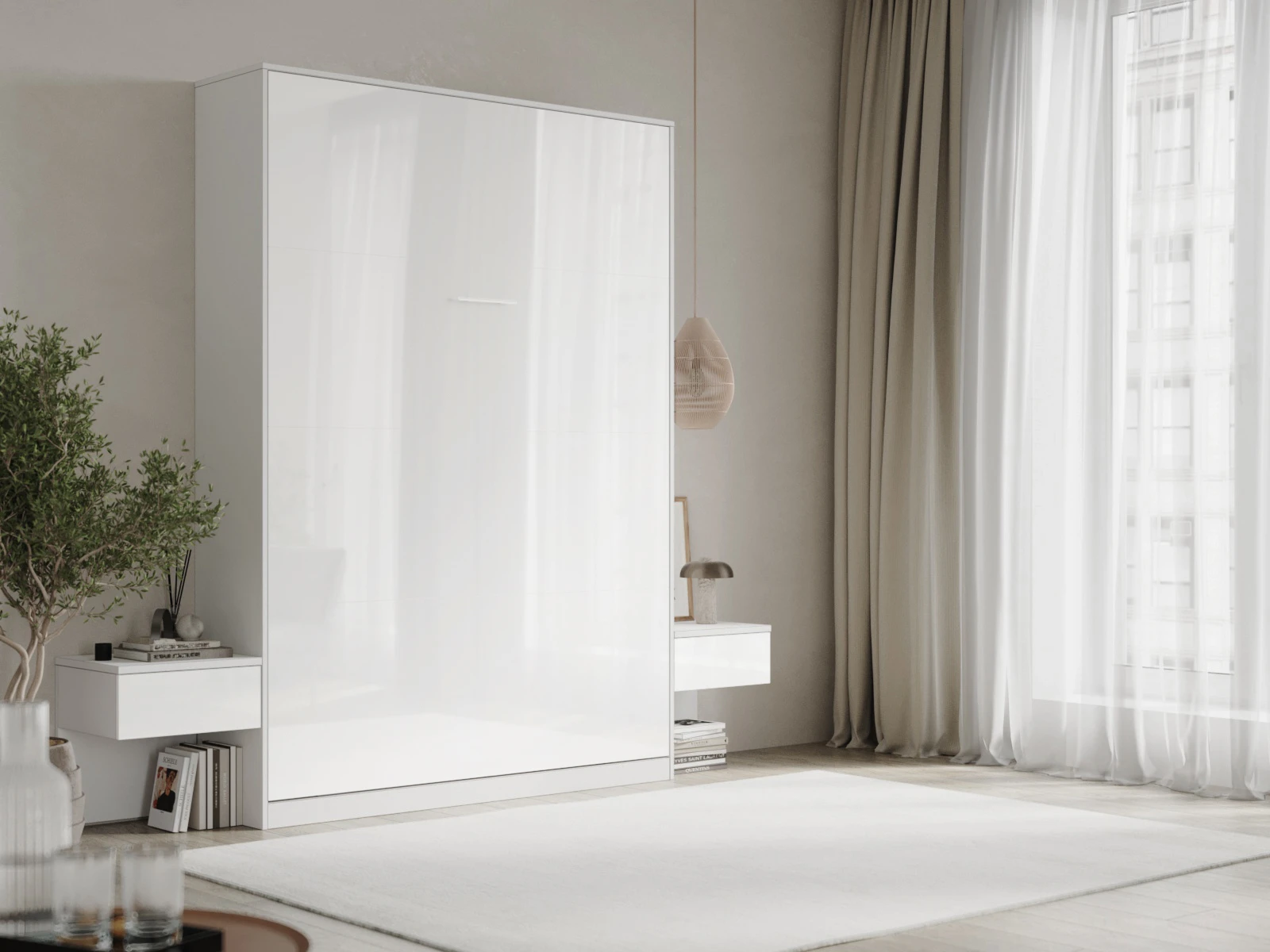 Cama Abatible Classic 140x200V con 2 Mesitas de noche Blanco / Blanco Alto Brillo  picture 3