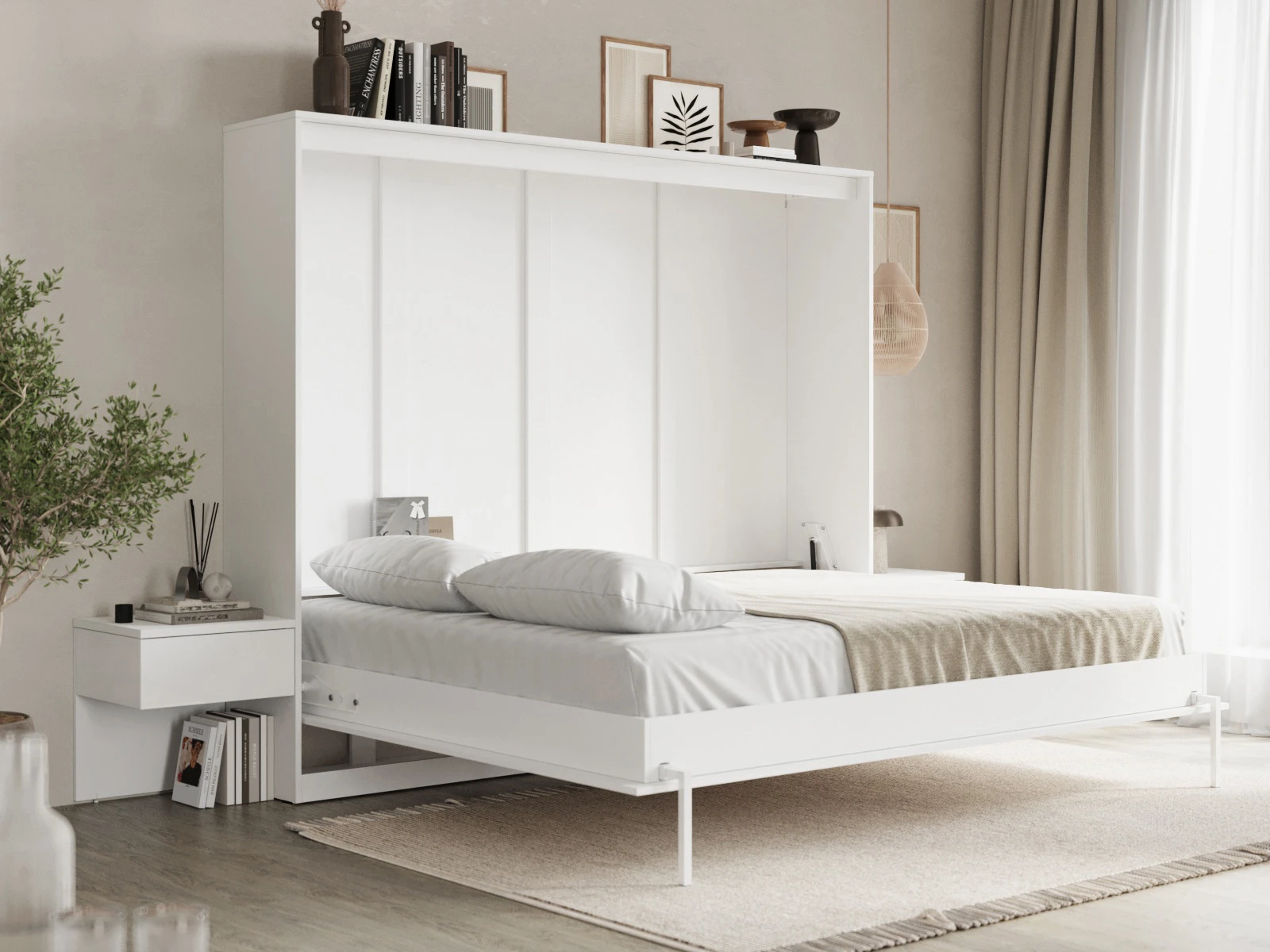 Cama Abatible Classic 160x200H con 2 Mesitas de noche Blanco picture 4