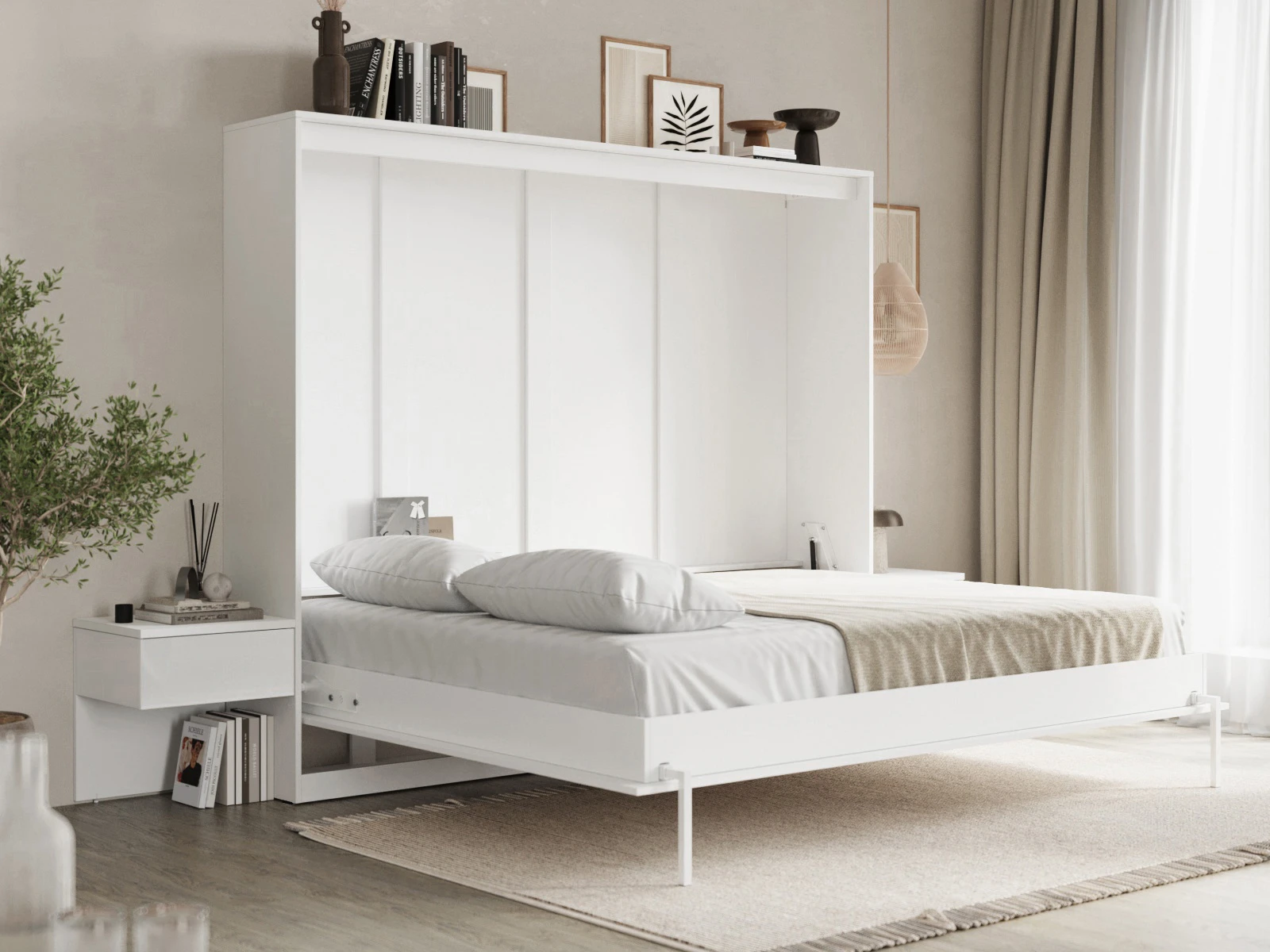 Cama Abatible Classic 160x200H con 2 Mesitas de noche Blanco / Blanco Alto Brillo picture 4